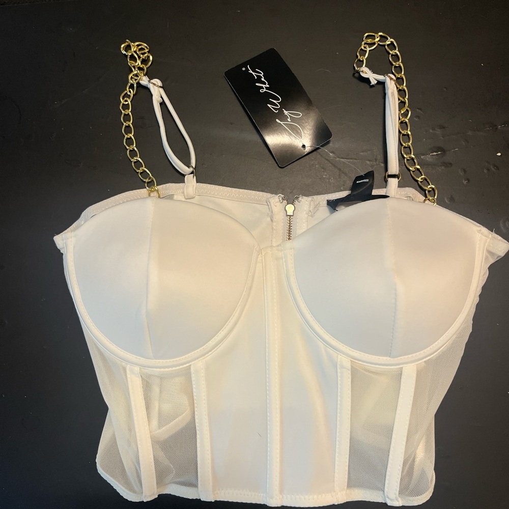 White Corset Tank Top with Gold Chain Straps